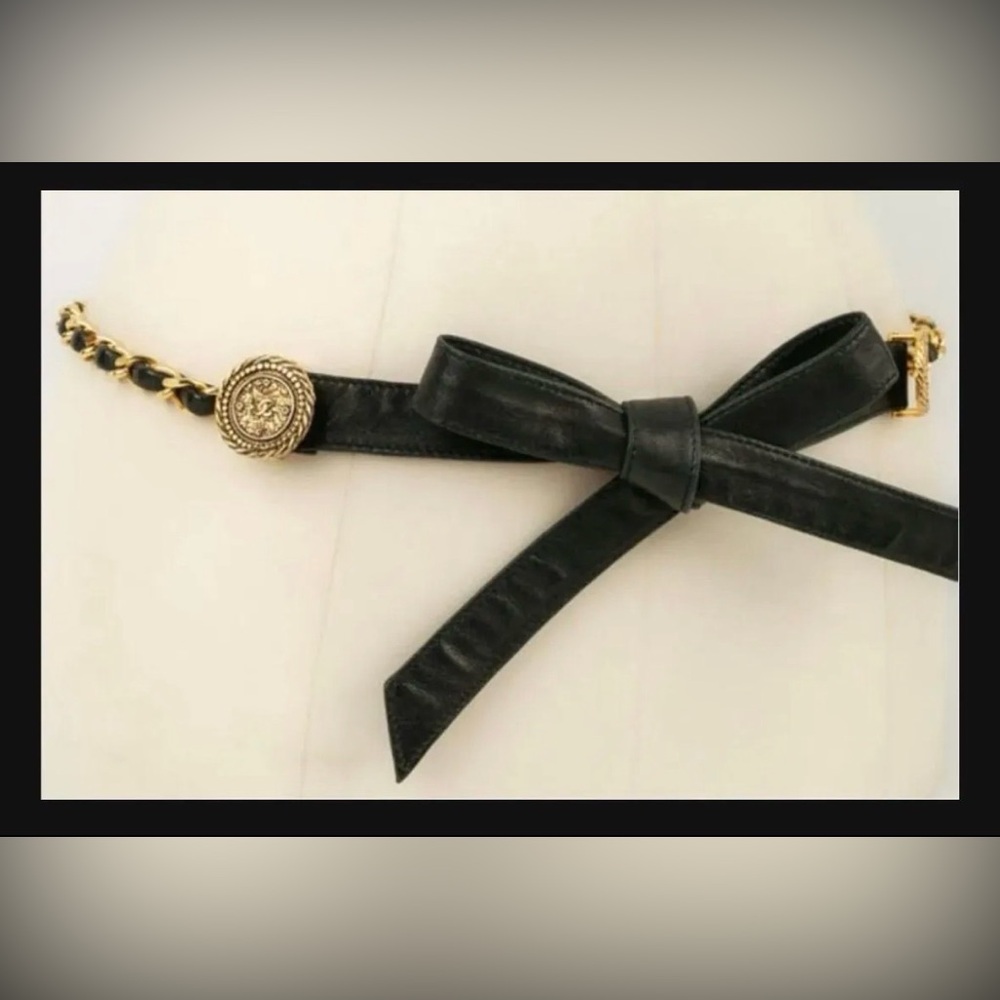 CHANEL Black Leather Belt with Gold Accents vintage